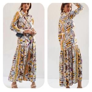 Anthropologie Flounced Abstract Geometric Boho Maxi Dress Long Sleeve Belt SM